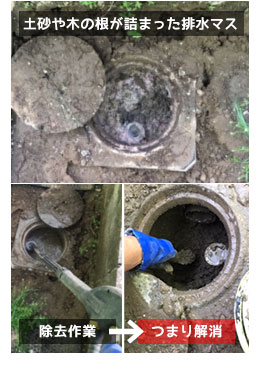 土砂で詰まった排水管の清掃